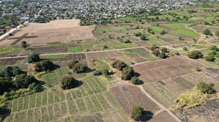 Expansive aerial view showcasing agricultural fields and rural landscape near Lilongwe, Malawi.