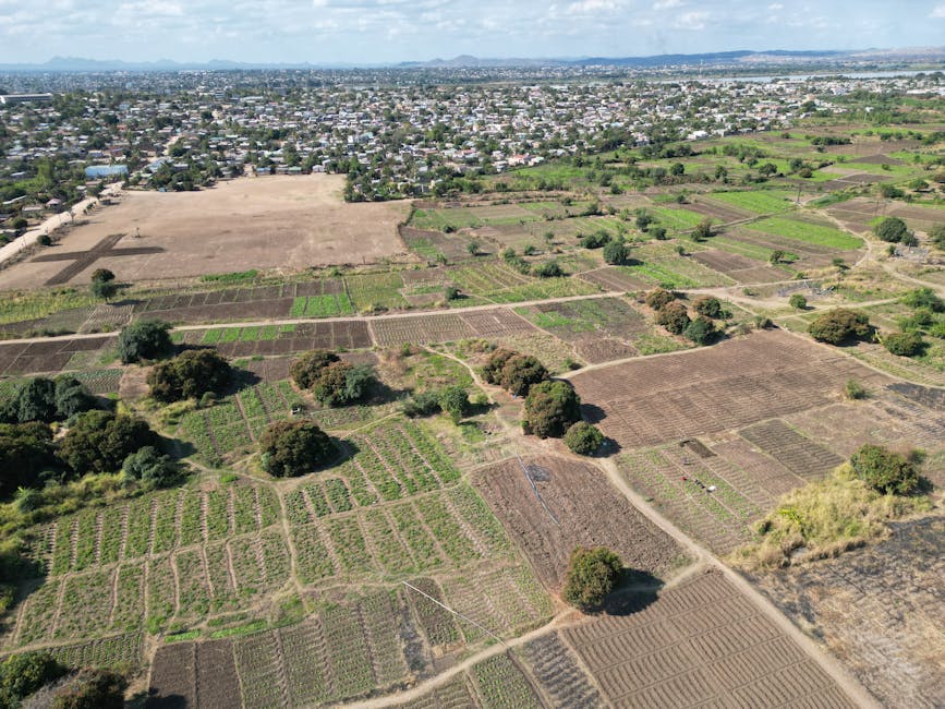 Expansive aerial view showcasing agricultural fields and rural landscape near Lilongwe, Malawi.